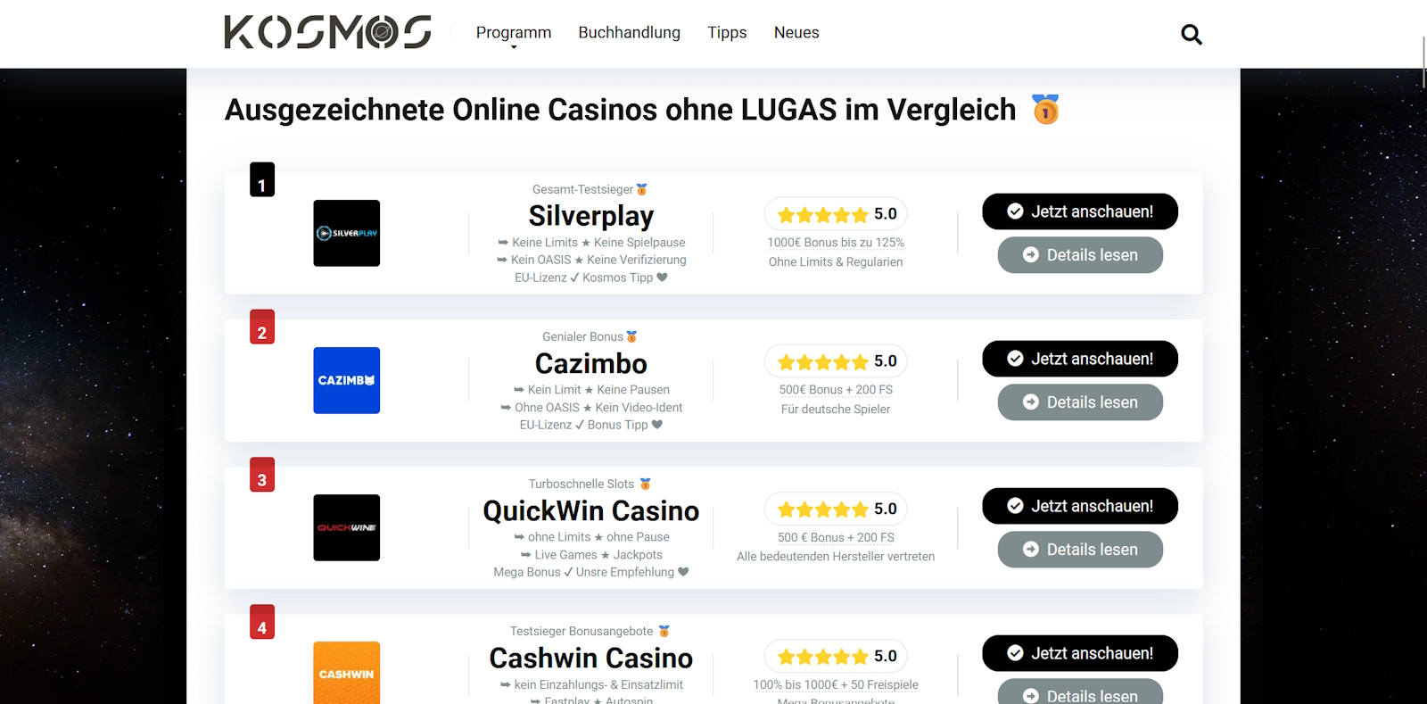 Vergleichstest Online Casinos ohne LUGAS