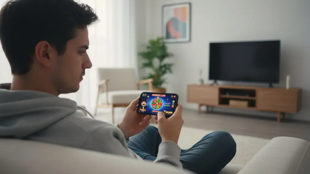 Live Online Casinos: Die besten Anbieter für Live Dealer Spiele 28 Ein junger Mann spielt ein Live Gamesshow Spiel im Live Online Casino