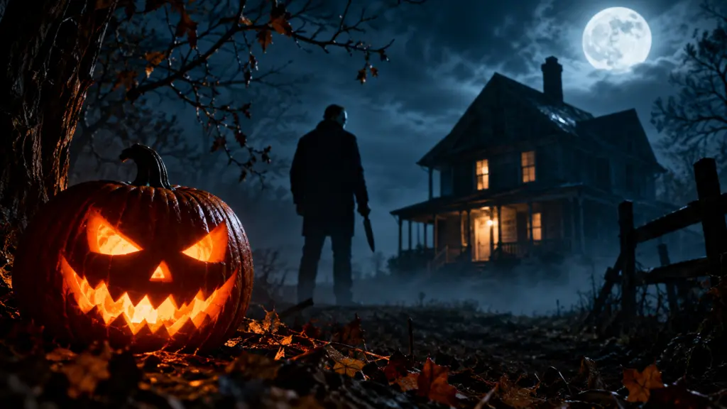 Die besten Halloween Filme 2026: Diese Filme sorgen für Gänsehaut 1 Maskierte Gestalt vor dem Spukhaus
