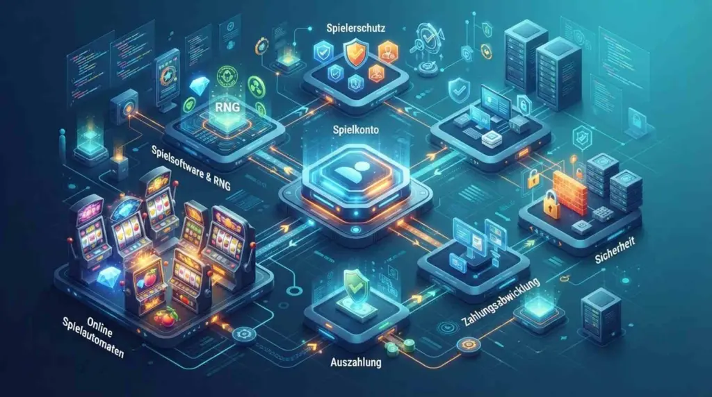 Wie funktioniert ein Online Casino? Funktion, Spiele, Sicherheit und Regeln verständlich erklärt 33 Die Funktion und das Ökosystem eines Online Spielcasinos bildlich dargestellt.