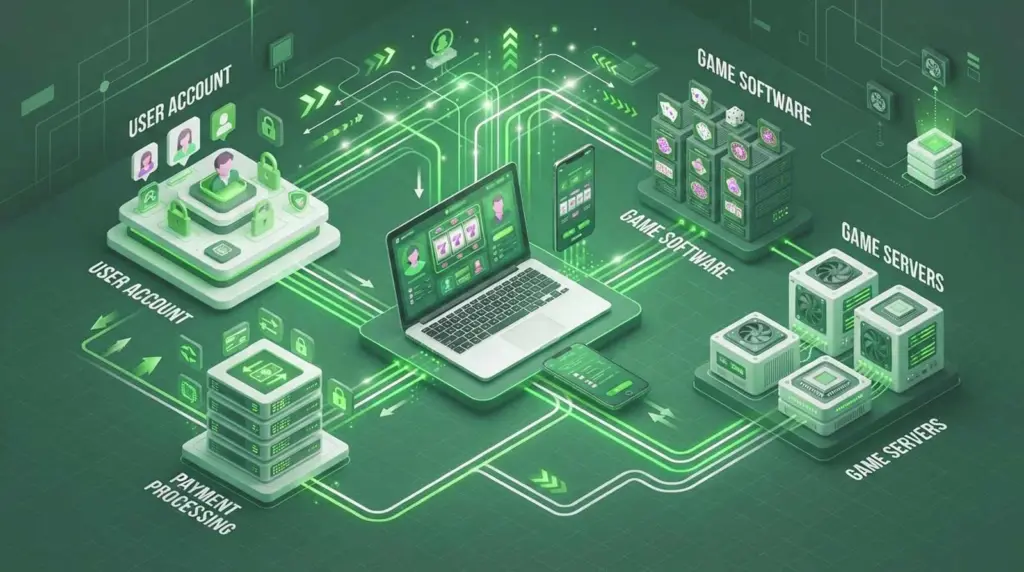 Wie funktioniert ein Online Casino? Funktion, Spiele, Sicherheit und Regeln verständlich erklärt 2 Die Funktion eines Online Casinos visuell dargestellt